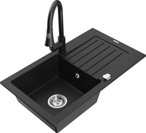 Mexen Pablo chiuvetă de granit cu 1 cameră cu scurgător și robinet de bucătărie Elia, negru - 6510-77-670101-70