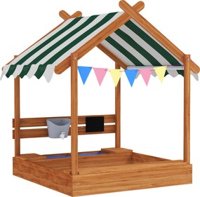 Outsunny Nisipar pentru copii cu copertină 6 fanioane 2 tăvi robinet și tablă în formă de căsuță pentru curte 124x116x146 cm Portocaliu | Aosom Romania