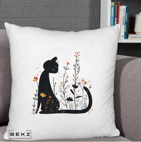 Perna Decorativa Pisica Neagra Flori Portocalii Silueta, 40x40 cm, Alb Pufos, Husa Detasabila, Perna Inclusa, BEKZ®