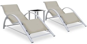 vidaXL Șezlonguri de plajă, 2 buc., cu masă, crem, aluminiu