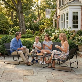 Outsunny Set Grădină Exterior 4 Piese cu Canapea 2 Locuri 2 Fotolii Masă cu Sticlă Securizată Țesătură Textilene Gri închis | Aosom Romania