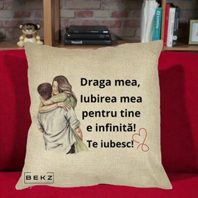 Cadou pentru Iubita - Perna Personalizata Draga Mea Iubirea Mea Infinita Te Iubesc cu Cuplu Acuarela, 40x40 cm, Crem, Husa Detasabila, Perna Inclusa, BEKZ®