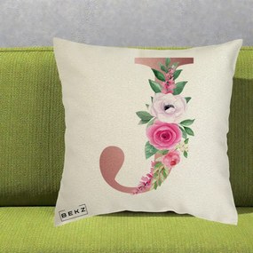 Cadou Personalizat - Perna Personalizata Monograma Rose Gold Litera J, 40x40 cm, Ecru, Husa Detasabila, Perna Inclusa, BEKZ®
