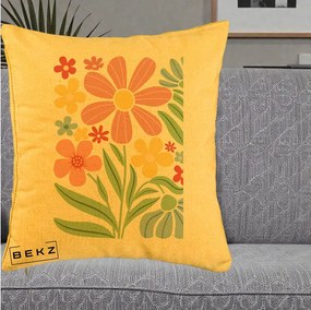 Perna Decorativa Flori Grafice Roz Pastel, 40x40 cm, Galben, Husa Detasabila, Perna Inclusa, BEKZ®