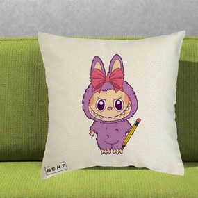 Perna Personalizata Labubu Mov cu Funda Rosie si Creion, 40x40 cm, Ecru, Husa Detasabila, Perna Inclusa, BEKZ®