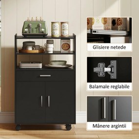 HOMCOM Dulap pentru Cuptorul cu Microunde cu Roți, Bufet de Bucătărie cu Sertar, Blat pentru Aparate, Dulap cu 2 Uși, Raft Retractabil și Raft Deschis, Cărucior de Bucătărie pentru Sufragerie, 59x40x92cm, Negru | Aosom Romania