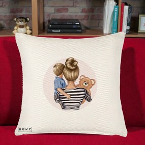 Cadou pentru Mama - Perna Personalizata Mama si Baietelul cu Ursulet, 40x40 cm, Crem Reliefat, Husa Detasabila, Perna Inclusa, BEKZ®