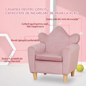 HOMCOM Fotoliu pentru Copii din Material Textil cu Efect de Catifea Roz, cu Spătar în Formă de Coroană, 50.2x41.9x57.8 cm | Aosom Romania