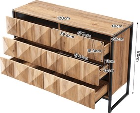 Bufet cu 6 sertare, cadru metalic negru și fronturi de sertare geometrice, 120x40x80 cm, Culoare naturală
