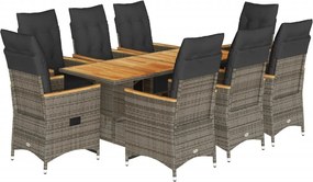 vidaXL Set bistro de grădină cu perne, 9 piese, gri, poliratan