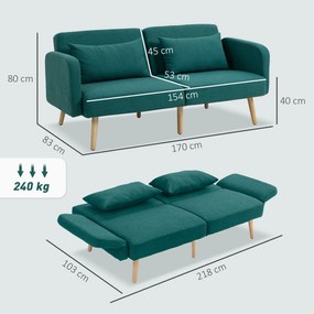 HOMCOM Canapea extensibilă, canapea 3 locuri cu funcție de pat, 2 perne, canapea tapitată cu spătar reglabil, aspect de in, Verde | Aosom Romania