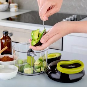 Tocator manual cu funie,Tefal K1320404 0,9 L, Mecanism automat de retragere a funiei, 2 lame otel, blocare capac, negru/verde