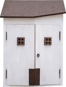Dulăpior de perete din lemn de paulownia și metal, alb, cu 2 uși, 1 raft și acoperiș din metal, 56 x 40 x 22,5 cm, „Fisherman House”