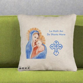 Cadou de Onomastica - Perna Personalizata Sfanta Marie Icoana Acuarela, 40x40 cm, Bej Canapea, Husa Detasabila, Perna Inclusa, BEKZ®