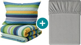 Set de lenjerie de pat creponata LINIE albastra + cearsaf Jersey 90 x 200 cm gri deschis, pat de o persoana