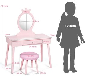 Măsuţă de toaletă pentru copii cu taburet, oglindă detaşabilă de culoare roz