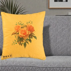 Perna Decorativa Trandafiri Roz cu Floricele Albastre, 40x40 cm, Galben, Husa Detasabila, Perna Inclusa, BEKZ®