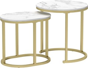 HOMCOM Set 2 Măsuțe de Cafea cu Blat cu Efect de Marmură din MDF și Oțel, Ø50x50.5 cm și 60x36x43.5 cm, Alb și Auriu | Aosom Romania
