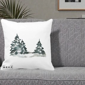 Perna Decorativa Brazi Inzapeziti Acuarela, 40x40 cm, Alba Mata, Husa Detasabila, Perna Inclusa, BEKZ®
