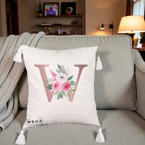 Cadou Personalizat - Perna Personalizata Monograma Rose Gold Litera W cu Trandafiri si Anemona, 40x40 cm, Bej cu Franjuri, Husa Detasabila, Perna Inclusa, BEKZ®