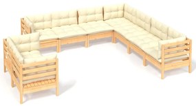 3096899 vidaXL Set mobilier grădină cu perne crem, 9 piese, lemn masiv de pin