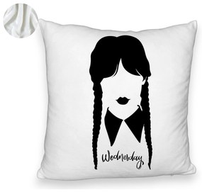 Perna Decorativa Fluffy, Model Wednesday Addams 2, 40x40 cm, Alba, Husa Detasabila, Burduf