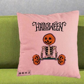 Perna Decorativa Halloween Schelet cu Cap de Dovleac Powerlifting, 40x40 cm, Roz, Husa Detasabila, Perna Inclusa, BEKZ®