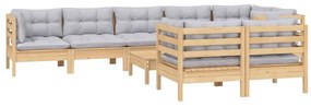 Set mobilier gradina cu perne, 9 piese, gri, lemn masiv pin Maro  si gri, 1