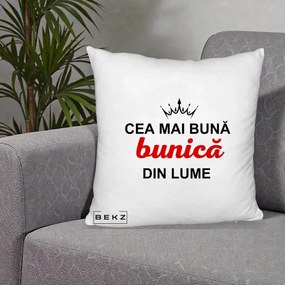 Cadou pentru Bunica - Perna Personalizata Cea Mai Buna Bunica Din Lume Coroana Neagra, 40x40 cm, Alb Pufos, Husa Detasabila, Perna Inclusa, BEKZ®