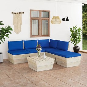 Set mobilier gradina din paleti cu perne, 6 piese, lemn molid Albastru, colt + 3x mijloc + masa + suport pentru picioare, 1