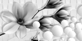 Tablou magnolie cu elemente abstracte alb-negru