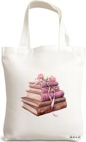 Sacosa de Panza pentru Cumparaturi, Geanta Tote, model Books and flowers 6 38 x 34.5 cm, Alba, BEKZ®