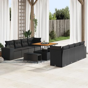 vidaXL Set de canapea de grădină, 11 piese, cu perne, negru, din ratan, cu lemn de acacia