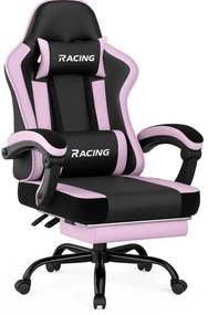 Scaun gaming, Masaj în perna lombară, Suport picioare, Rabatabil 90-165°, piele PU, Negru/Mov