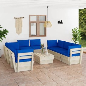 Set mobilier gradina din paleti, 9 piese, cu perne, lemn de molid Albastru, 4x colt + 4x mijloc + masa, 1