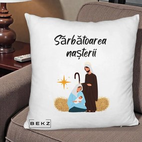 Perna Decorativa Nasterea Domnului Sfanta Familie Sarbatoarea Nasterii, 40x40 cm, Alb Pufos, Husa Detasabila, Perna Inclusa, BEKZ®