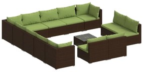 Set mobilier de gradina cu perne, 14 piese, maro, poliratan maro si verde, 3x colt + 10x mijloc + masa, 1
