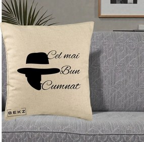 Cadou pentru Cumnat - Perna Personalizata Cel mai Bun Cumnat cu Silueta Palarie, 40x40 cm, Bej, Husa Detasabila, Perna Inclusa, BEKZ®