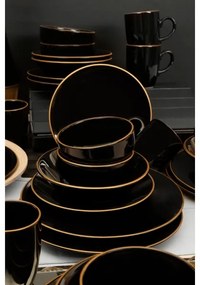 Set de veselă, 30 piese, negru/auriu, din ceramică vitrificată