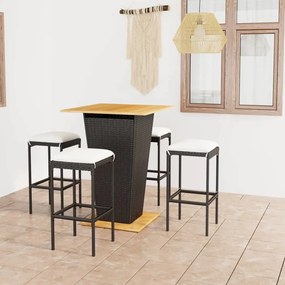 Set mobilier bar de gradina cu perne, 5 piese, negru, poliratan Negru, Lungime masa 80 cm, 5
