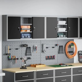 vidaXL Set dulap unelte &amp; panou cârlige de perete, 4 piese negru metal