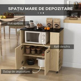 Cărucior de bucătărie din PAL cu raft deschis, dulap cu 2 uși și poliță laterală cu 2 niveluri, 75x40x80,5cm stejar și negru HOMCOM | Aosom Romania