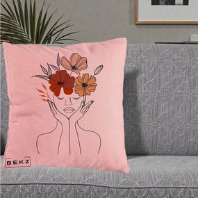 Perna Decorativa Portret Feminin Coroana Trei Flori, 40x40 cm, Roz, Husa Detasabila, Perna Inclusa, BEKZ®