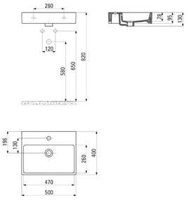 Lavoar pe blat alb lucios 50 cm, dreptunghiular, orificiu pentru baterie, Deante Temisto 500x400 mm