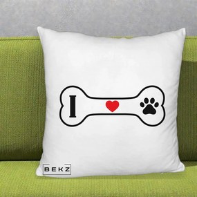 Perna Personalizata I Love Dog Os si Labuta, 40x40 cm, Alb Pufos, Husa Detasabila, Perna Inclusa, BEKZ®