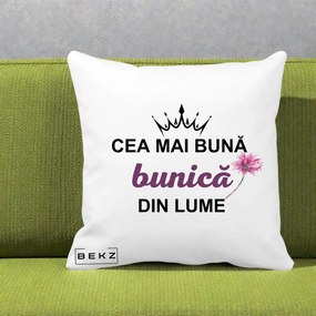 Cadou pentru Bunica - Perna Personalizata Cea Mai Buna Bunica Din Lume Coroana Mov Floare Roz, 40x40 cm, Alba Mata, Husa Detasabila, Perna Inclusa, BEKZ®