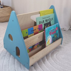 Bibliotecă Montessori cu roți, în formă de căsuță BOOKY turquoise