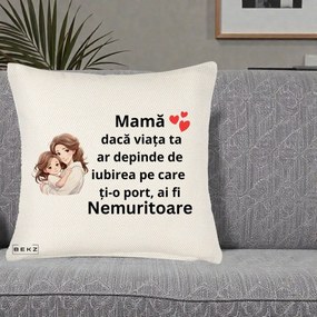 Cadou pentru Mama - Perna Personalizata Mama Nemuritoare cu Balon Inima, 40x40 cm, Crem Reliefat, Husa Detasabila, Perna Inclusa, BEKZ®