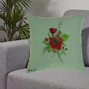 Perna Decorativa Buchet Rosu Acuarela, 40x40 cm, Verde, Husa Detasabila, Perna Inclusa, BEKZ®