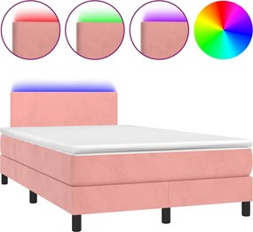 vidaXL Pat continental cu saltea & LED, roz, 120x200 cm, catifea